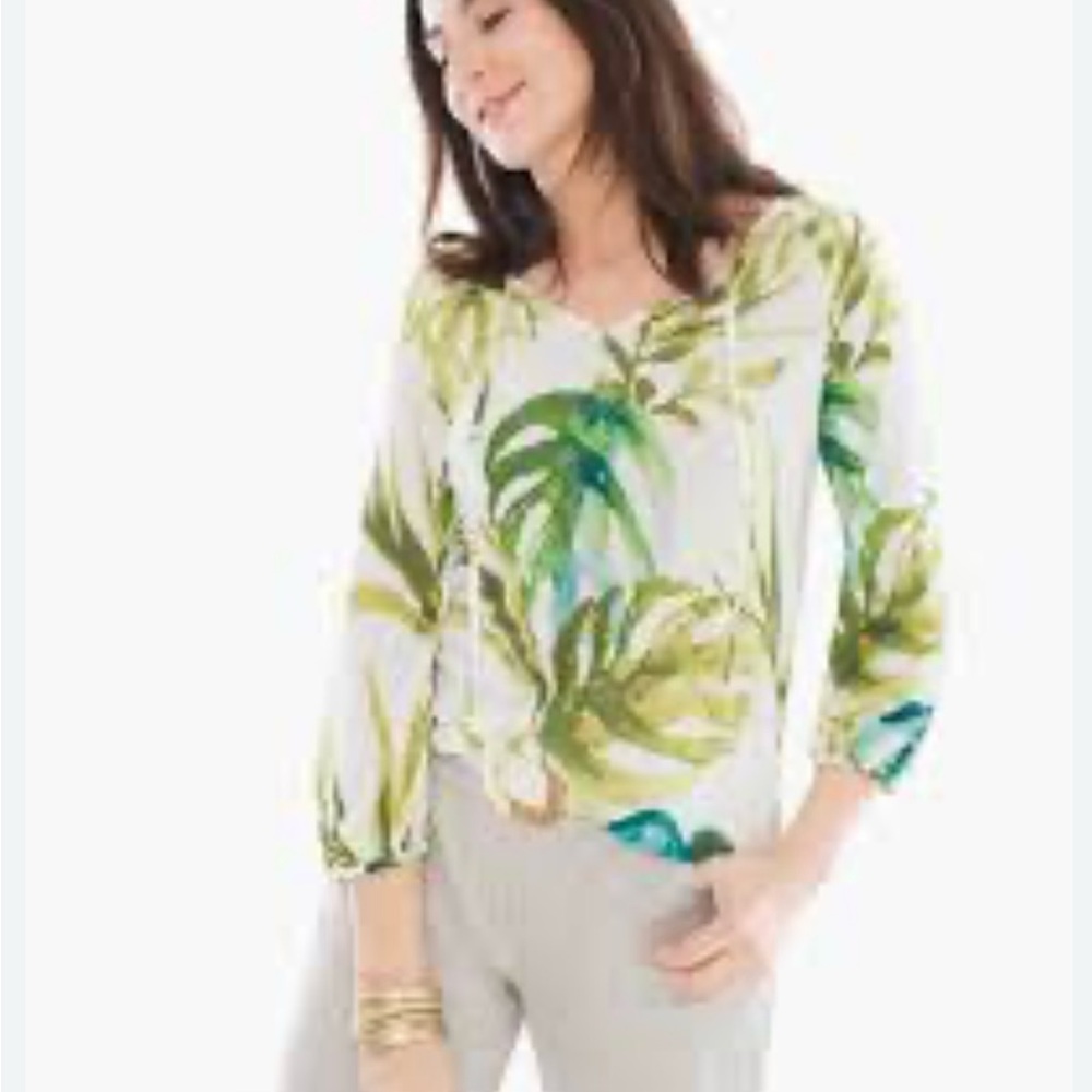 Chico's White and Green Relaxed 3/4 Sleeve Top Blouse Sz 1